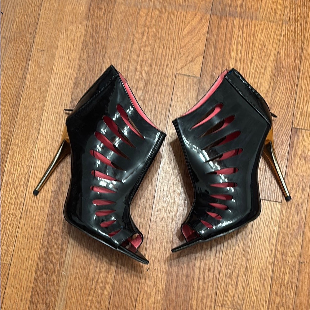 Black and Pink Stiletto Peep-Toe Heels